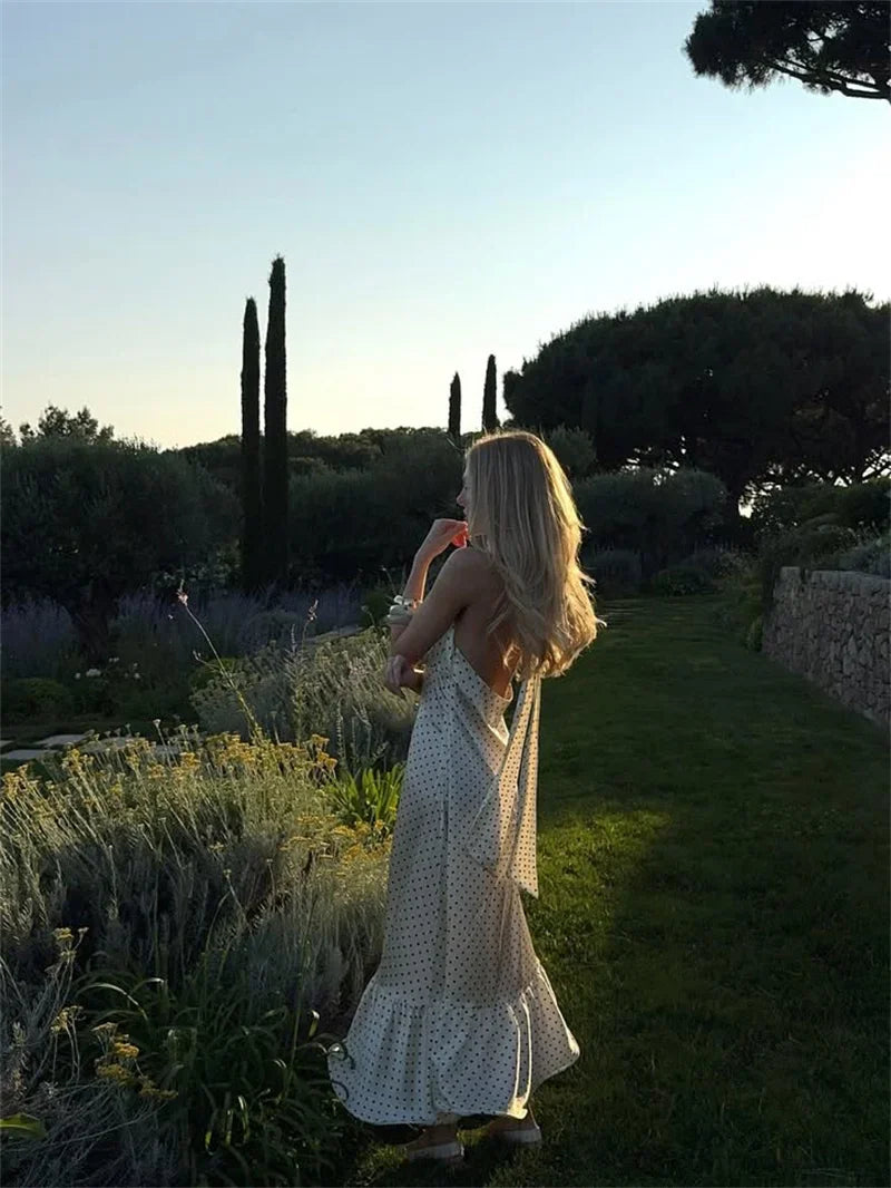 Women's Polka Dot Ruched Ruffle Halter Sleeveless Backless Midi Dress