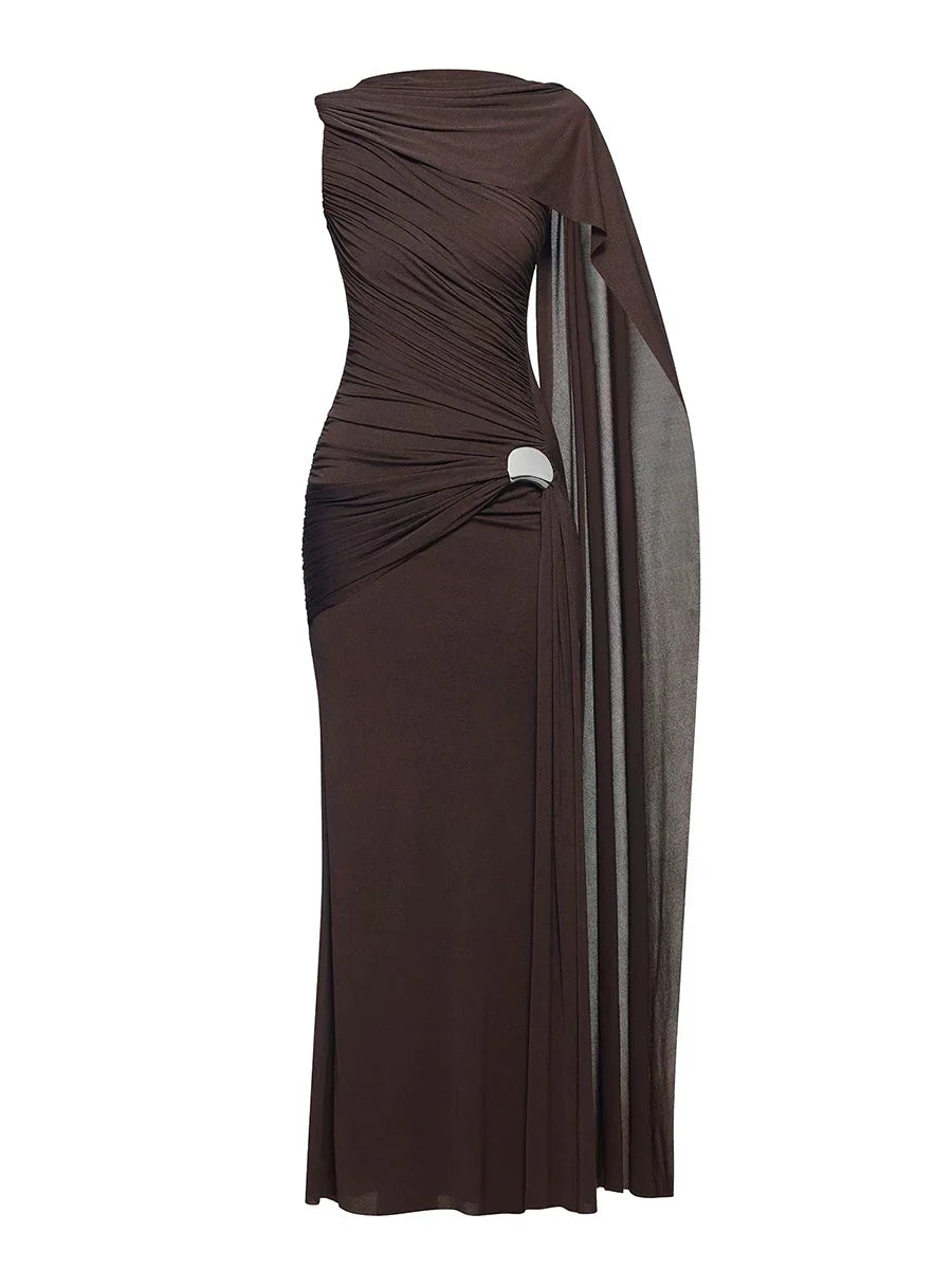 Slim A line cape dress styled for refined events