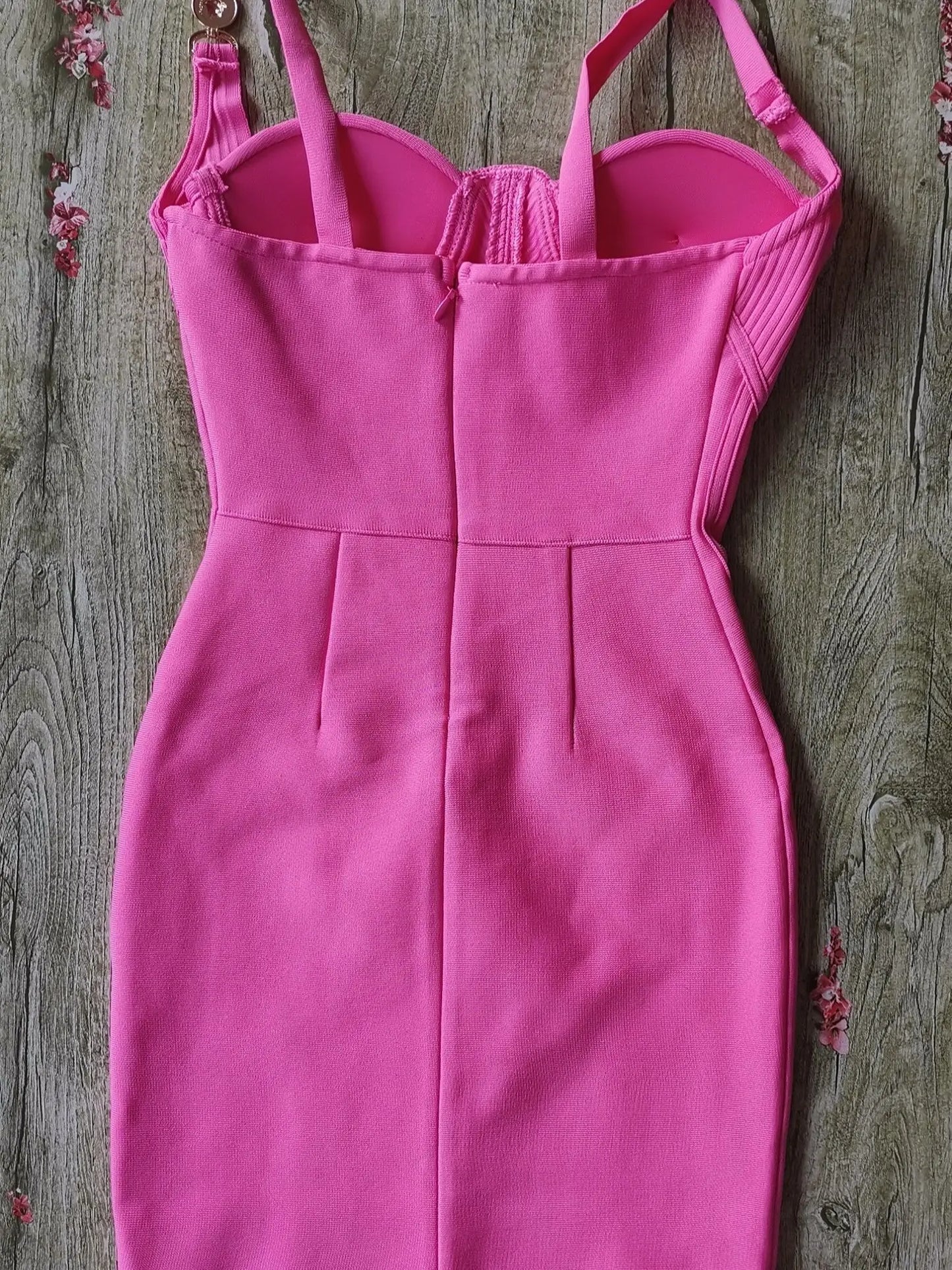 Rose Pink Bandage Mini Dress | Sculpting Gold Strap Glam
