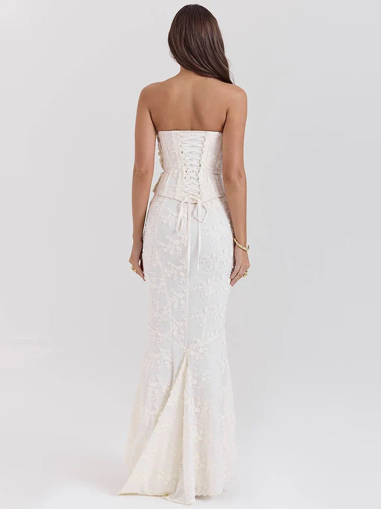 Strapless White Crop Top & Maxi Skirt Set
