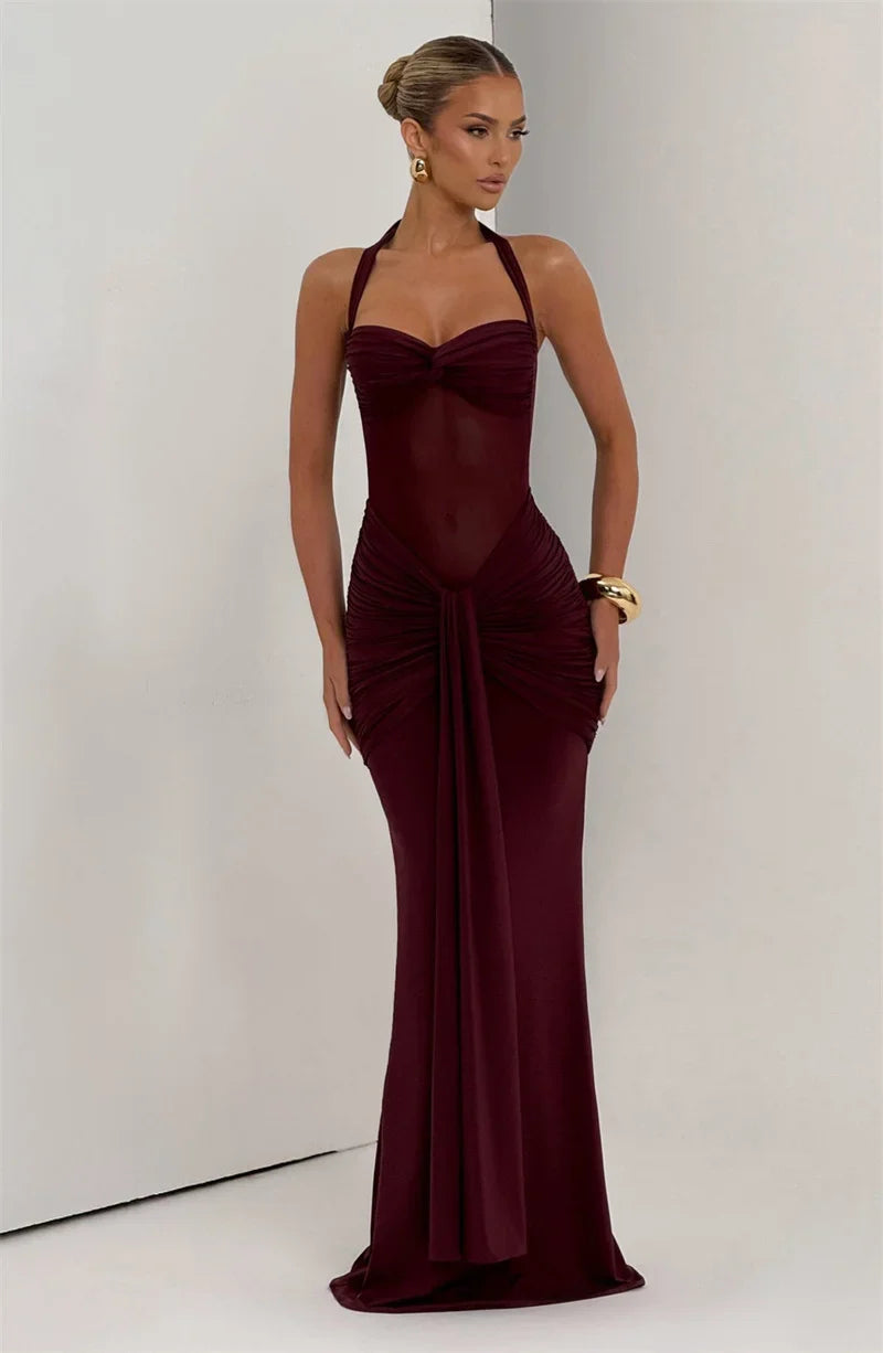 Halter Maxi Dress | Ruched Backless Club Gown