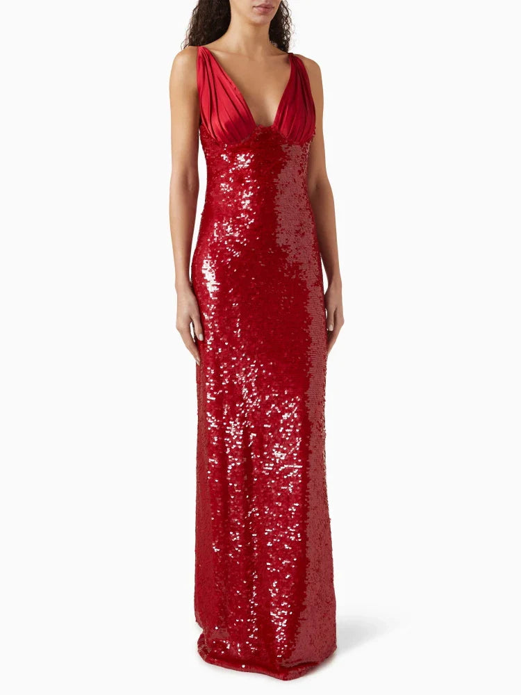 Red Deep V-Neck Sequin Gown