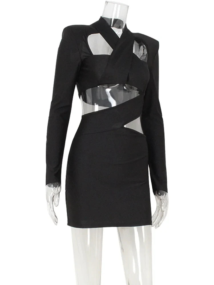 Black Hollow-Out V-Neck Mini Dress