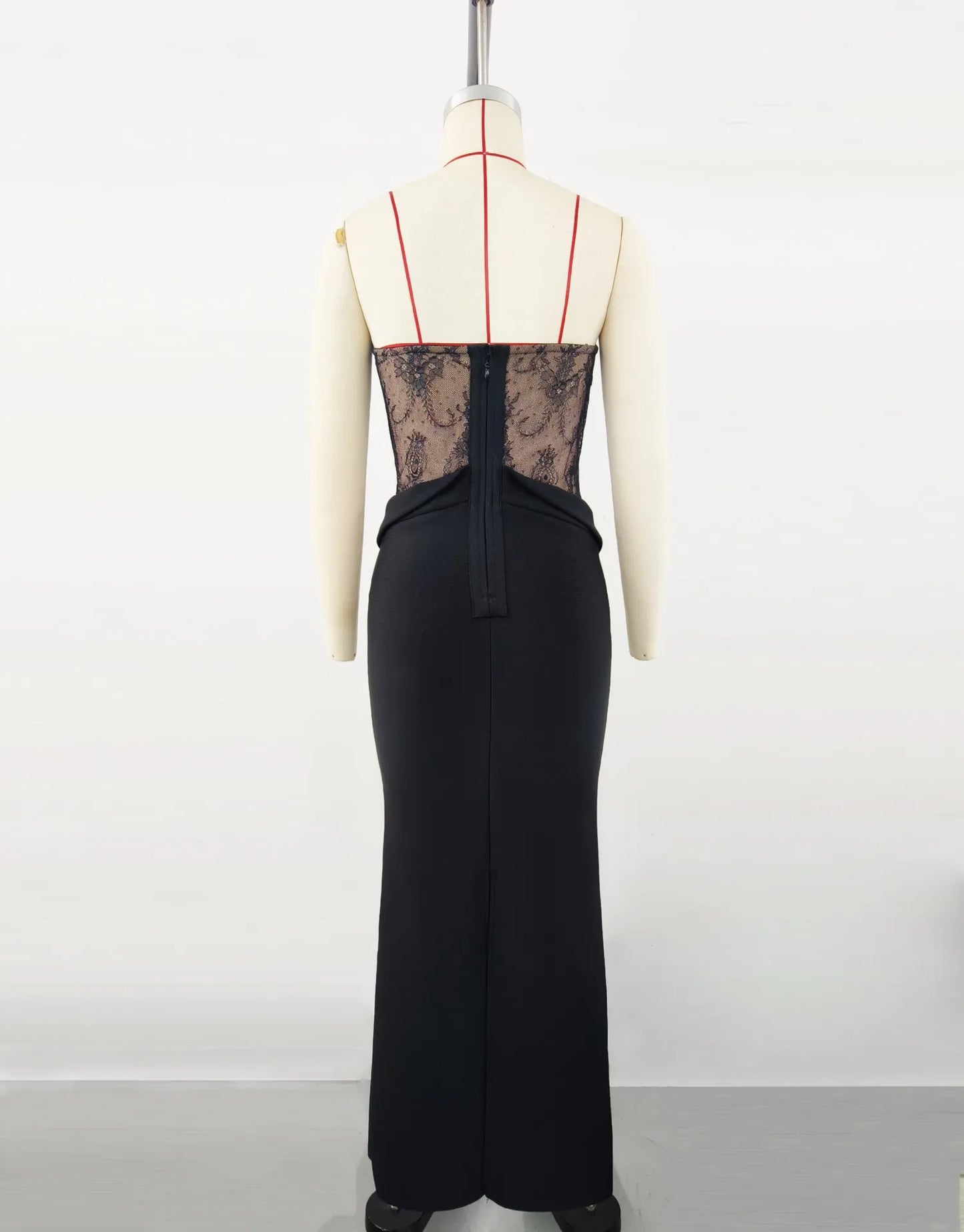 Black Lace Pleated Satin Drape Maxi Dress