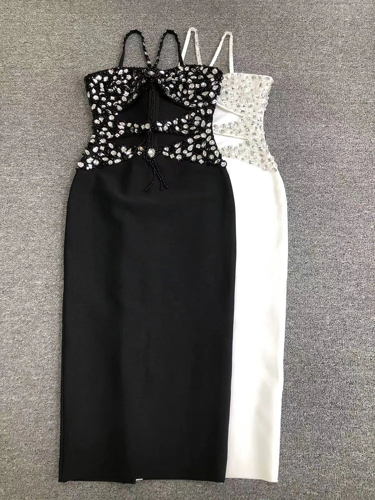 Black White Crystal Beaded Halter Dress | Backless Midi Gown