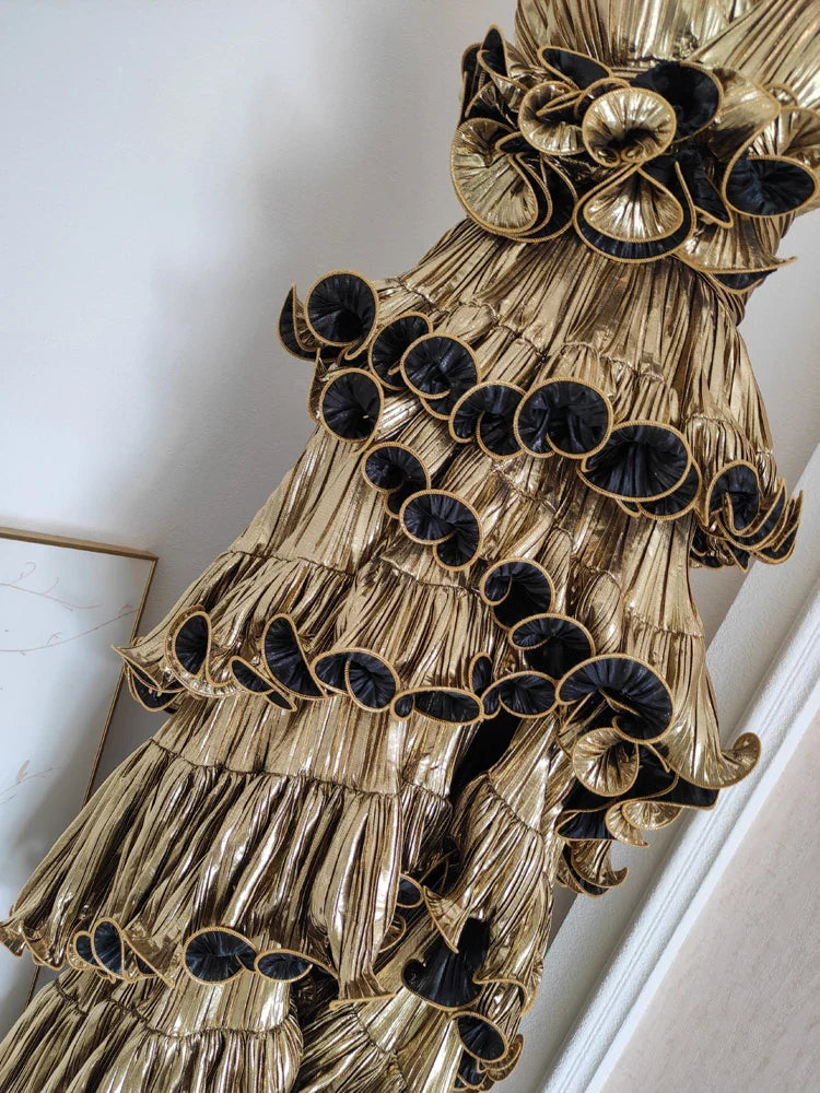 Metallic Tiered Halter Maxi Dress with Frill Layers