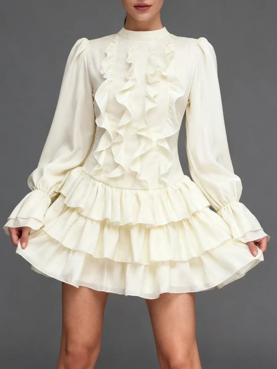 White Tiered Ruffle Mini Dress with Stand Collar