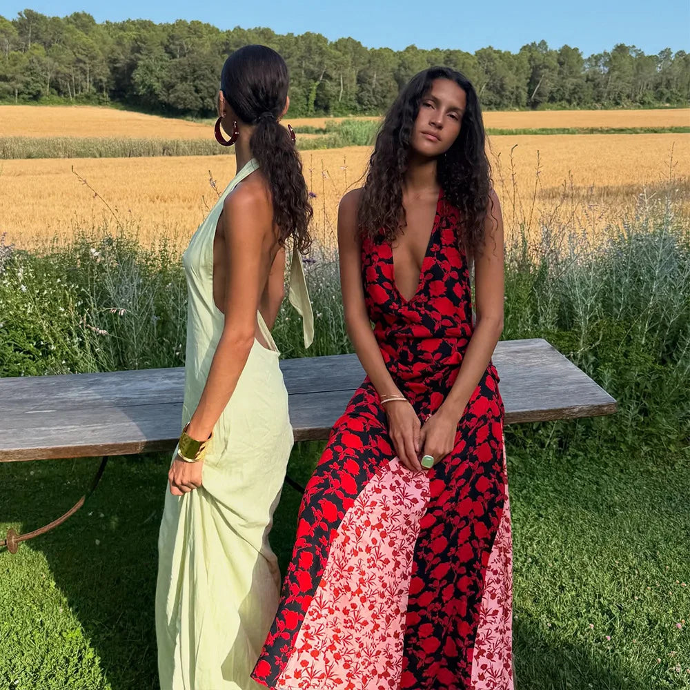 Red & Black Deep V Floral Halter Maxi Dress – Backless Party Gown