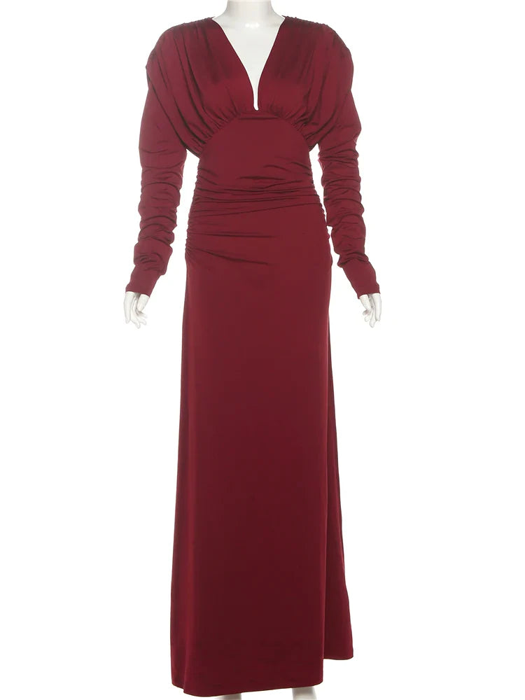 Red Ruched Long Sleeve Maxi Dress | Floor-Length Evening Gown