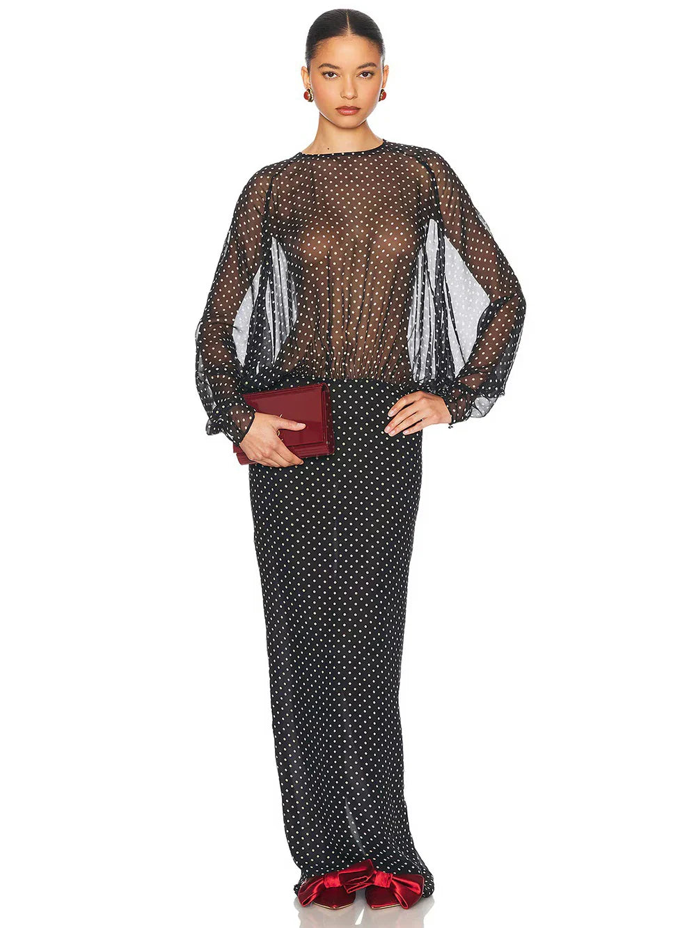 Black Dot Long Sleeve See-Through Maxi Dress