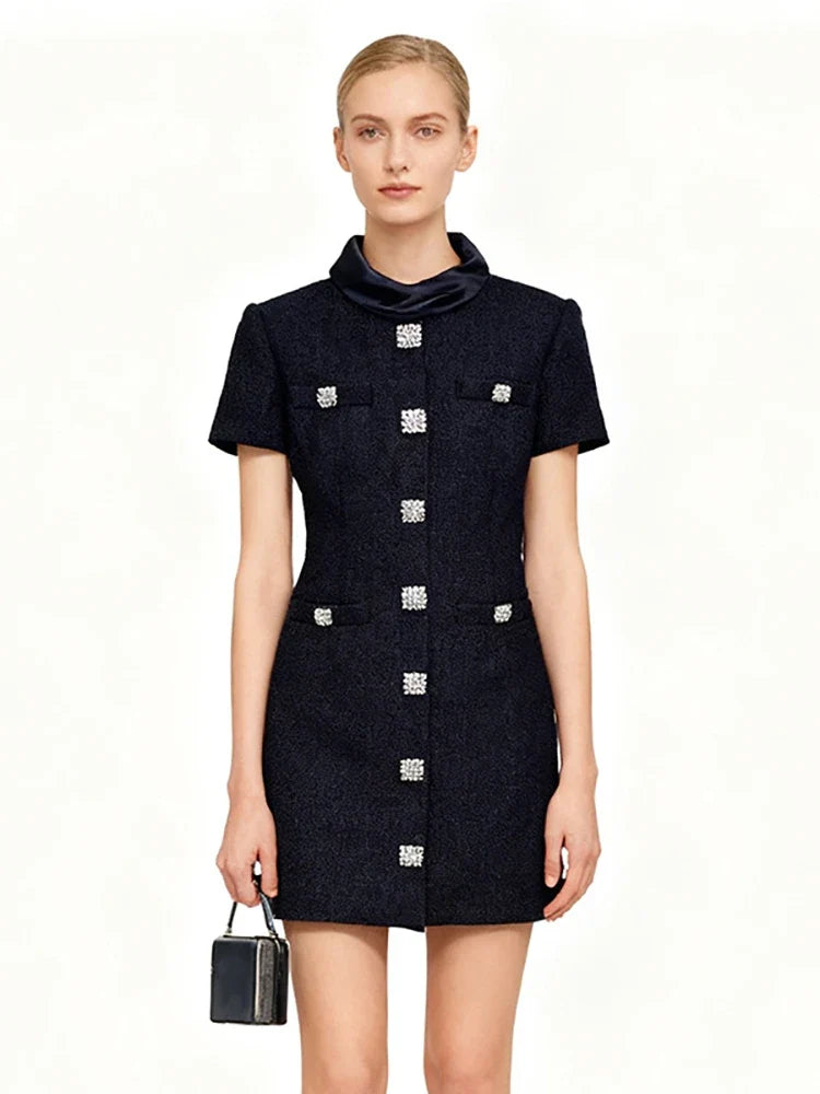 Black Tweed Mini Dress with Diamond Buttons