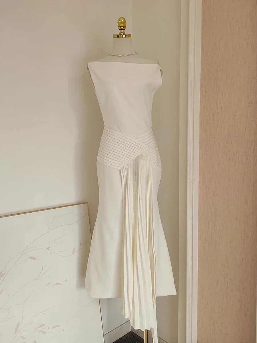 Diagonal Neck Midi Dress | Off-Shoulder Folded Elegance