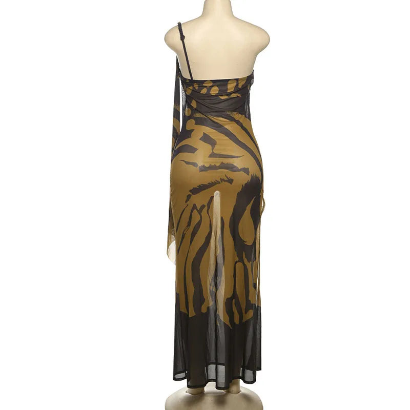 Tiger Print Backless Mesh Dress | Summer Slit Beachwear