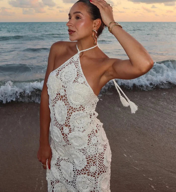 White Crochet Halter Backless Beach Maxi Dress