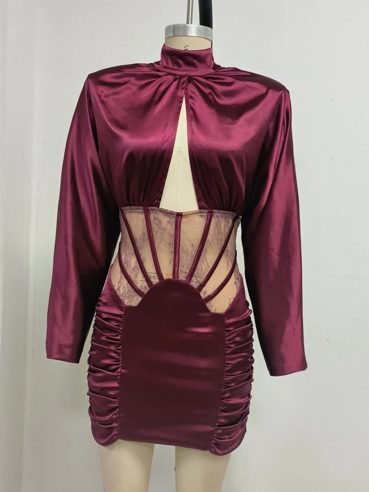 Burgundy Mesh Corset Mini Dress | Lace Detail Runway Look