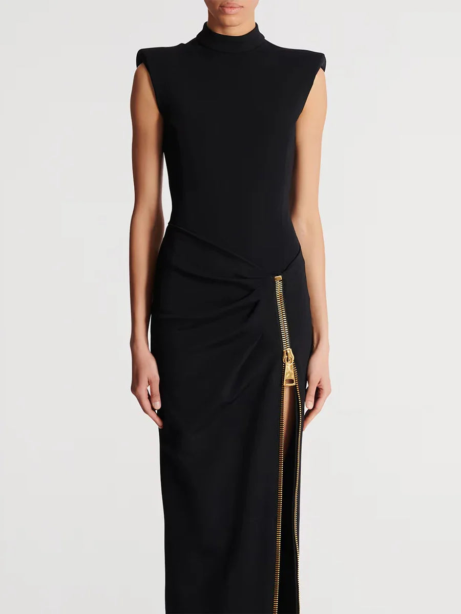 Black Stand Neck Gold Zipper Details High Slit Maxi Dress