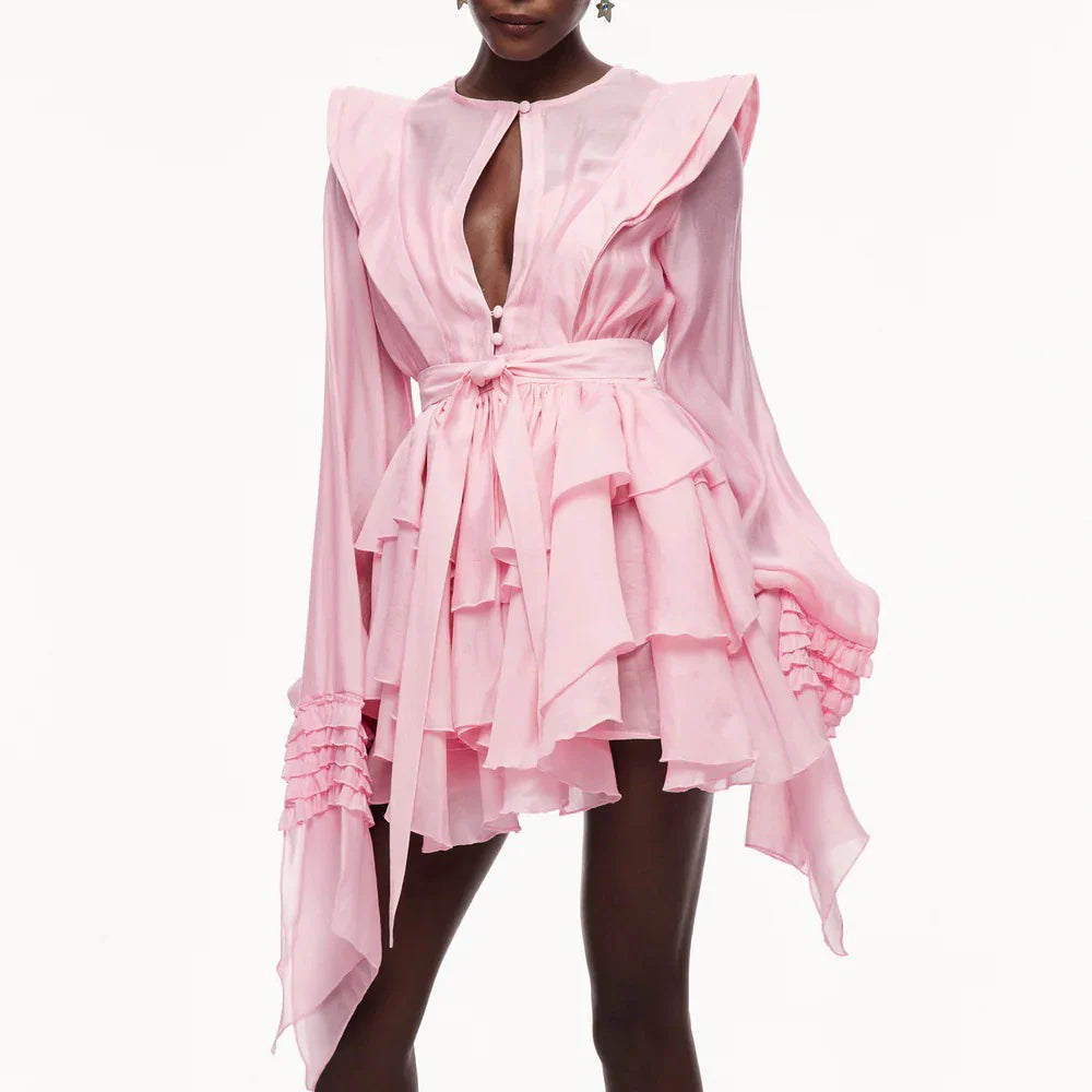 Ruffles Tie Up Front Slit  O-Neck Long Sleeve Mini Dress