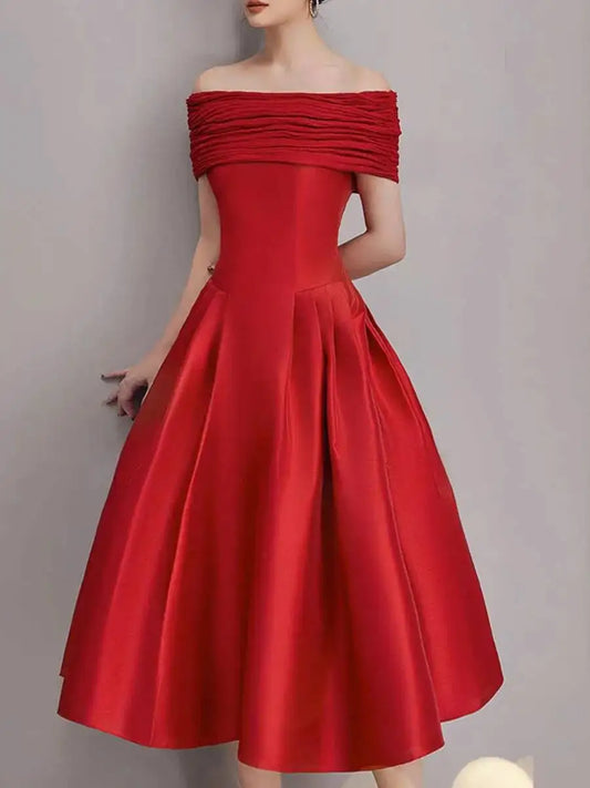 Strapless Pleated Satin A-Line Midi Gown