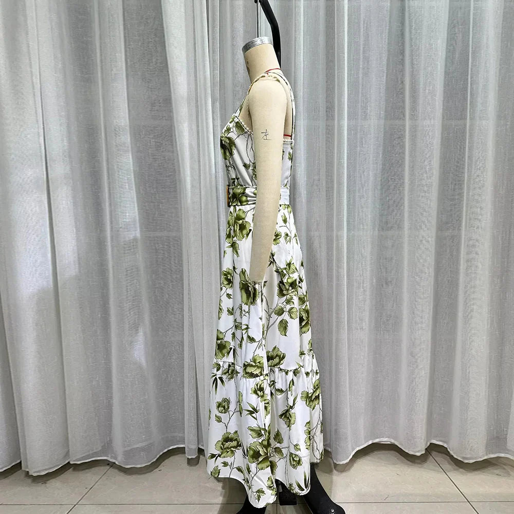 Green Floral Belted Maxi Dress | Square Neck Sundress for Late Summer