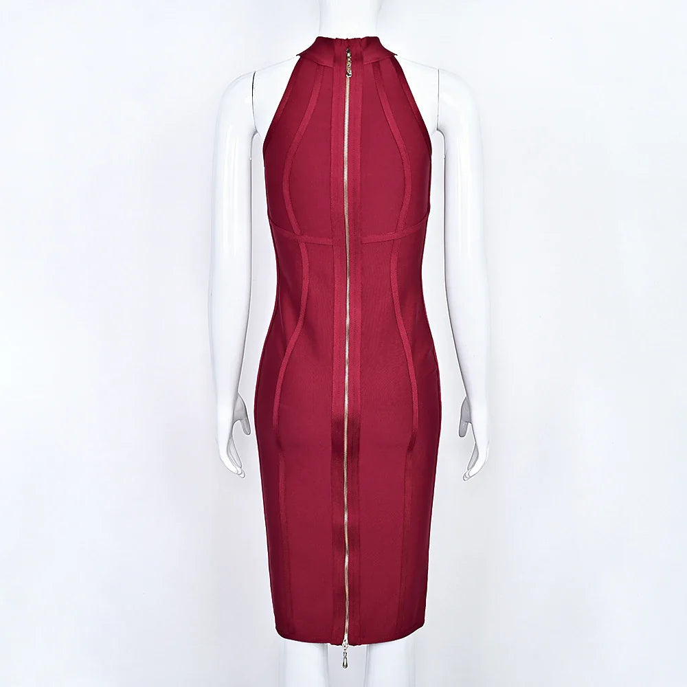 Sleeveless Wine Red Turtleneck Bandage Midi Dress | Sculpted Fit