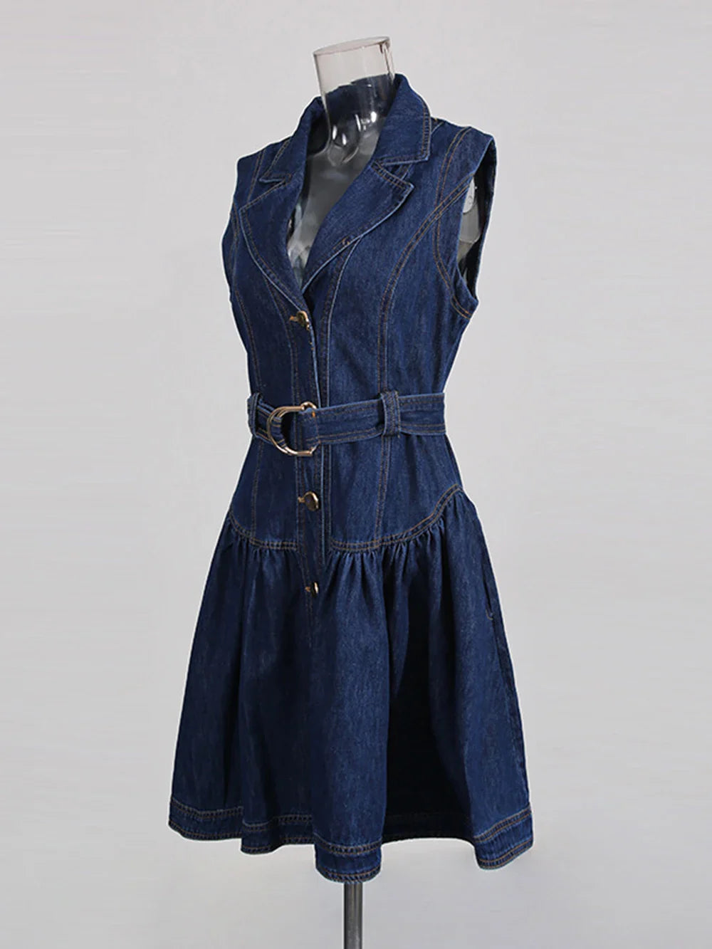 Denim Sleeveless Single-Breasted Belt Mini Dress