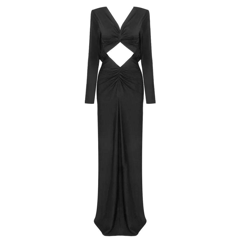 Black evening gown with cut-out design on a white background