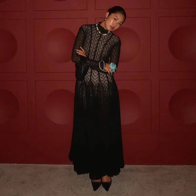 Lace Embroidery High Collar Long Sleeve Maxi Dress