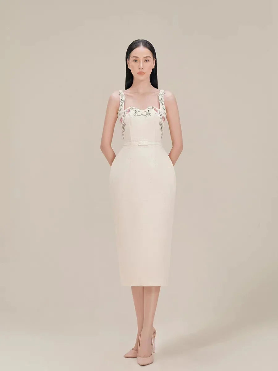Beige Floral Embroidery Belted Sleeveless Midi Dress