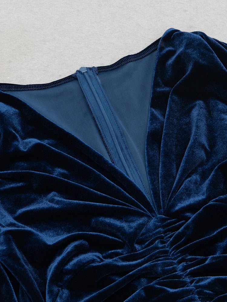 Blue Velvet V Neck Ruched Dress | Long Sleeve Party Gown
