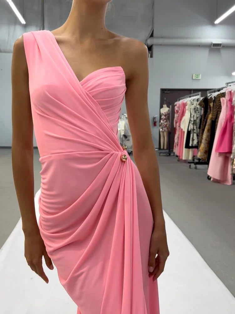 Pink One Shoulder Folds Split Long Dress