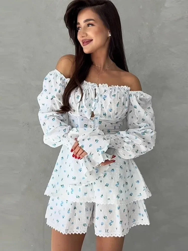 Off-Shoulder Lace Shorts Set |  Summer Co-Ord for Travel