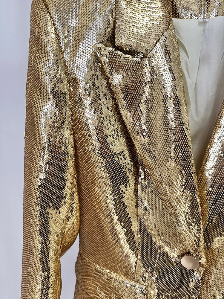 Gold Sequin Blazer & Pants Two-Piece Set - Chic & Sparkling Outfit