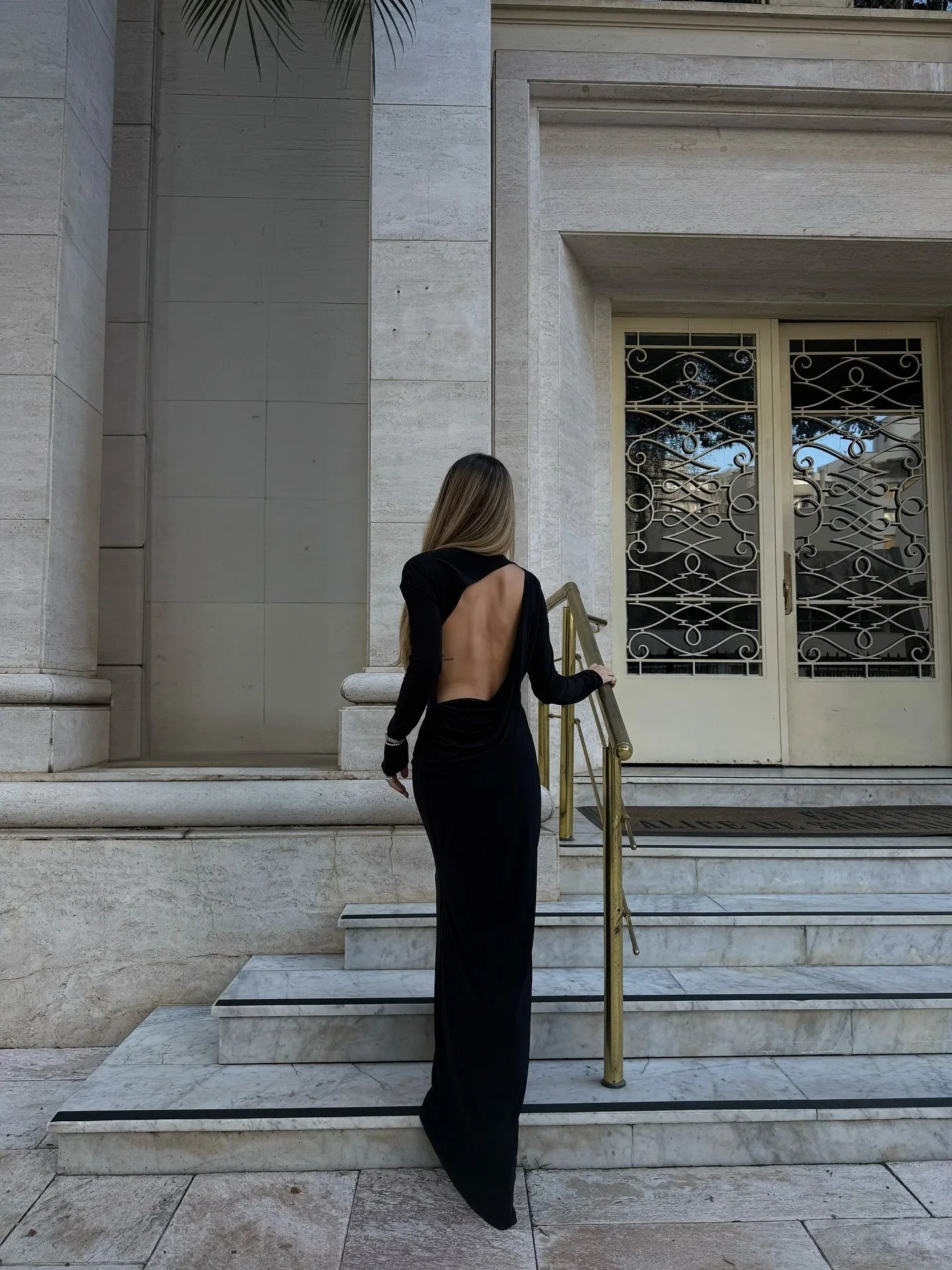 Long-Sleeve Backless Cut-Out Maxi Dress