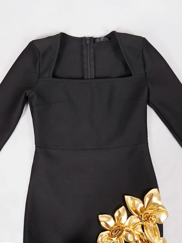 Black Square Neck Gold Flowers Bandage Dress | Mini Gown