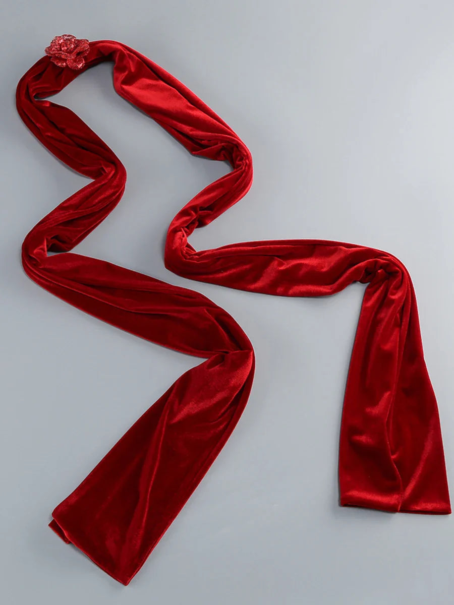 Red Strapless Velvet Slit Maxi Dress with Ribbon Scarf
