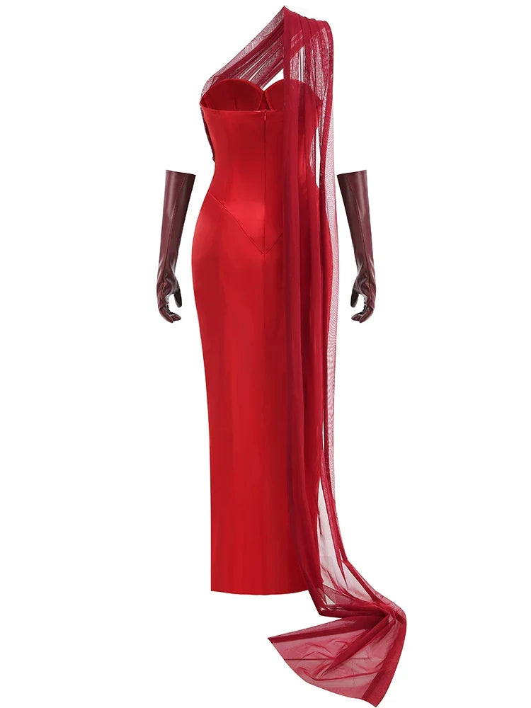 Red Strapless Mesh Draped Gown with Gloves – Split Bodycon Evening Dress