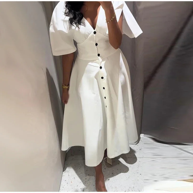 Vibe & Grace A-Line White Dress – V-Neck Empire Waist Midi with Button Front