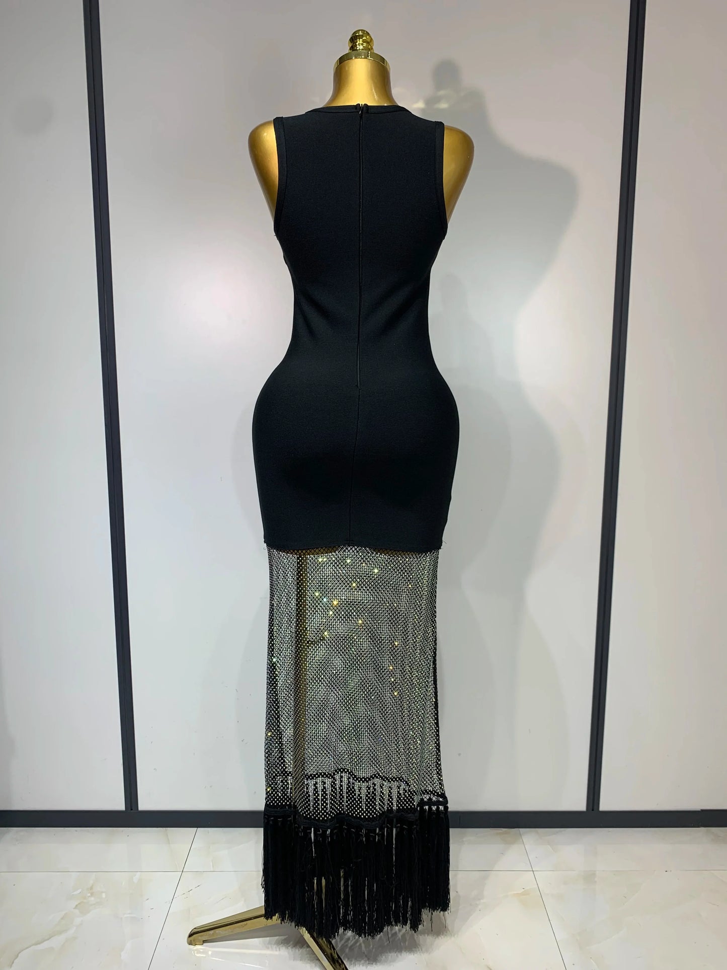 Black Sleeveless Sparkly Diamonds Tassel Bandage Gown