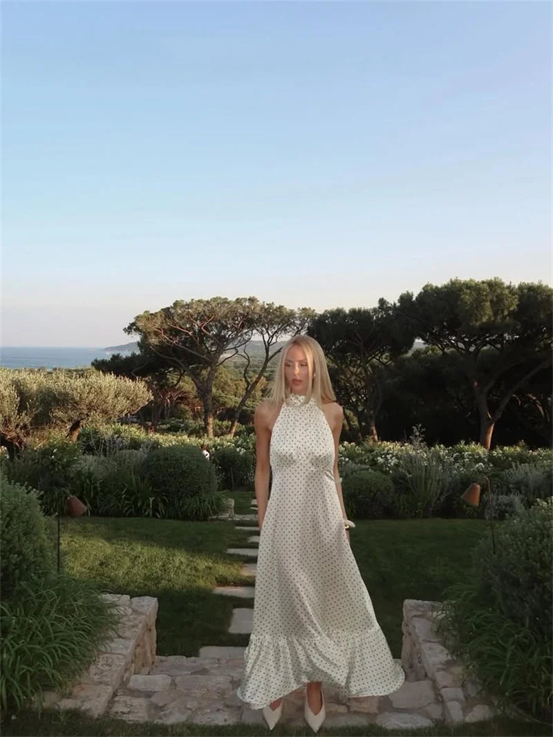 Women's Polka Dot Ruched Ruffle Halter Sleeveless Backless Midi Dress