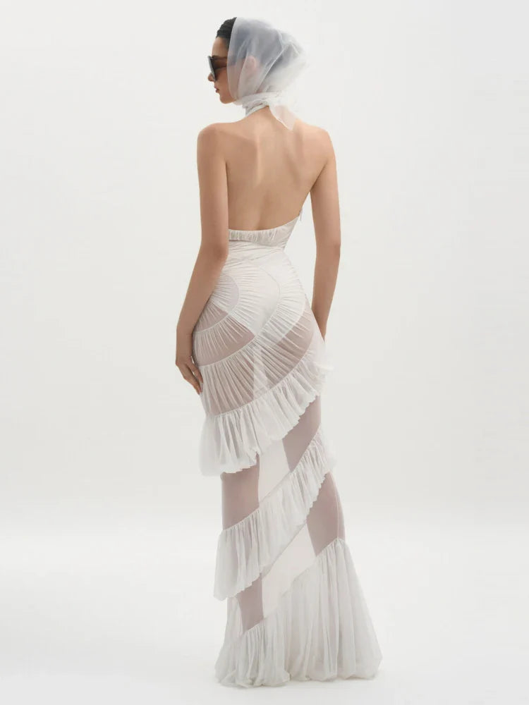 White Halter Ruffle Mesh Gown