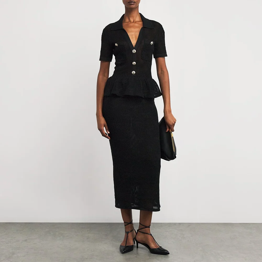 Black Sheer Ruffle Button Midi Dress