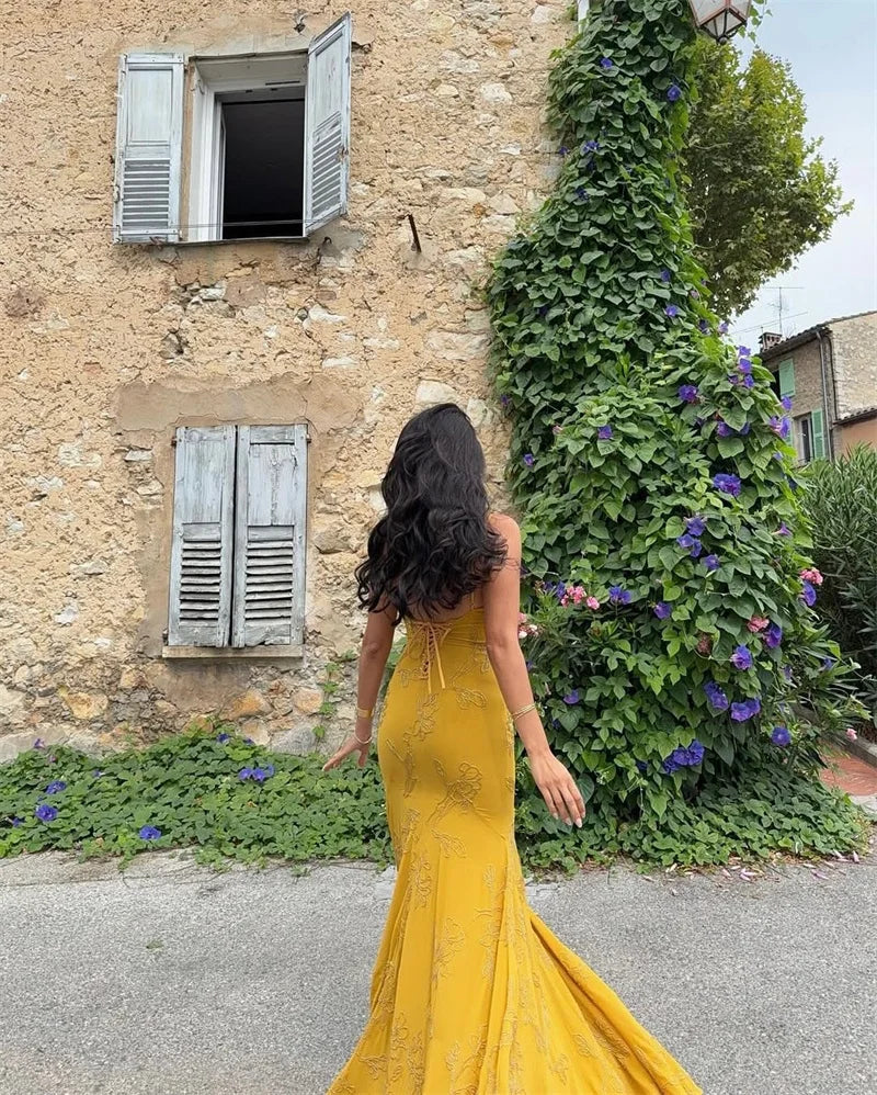 Mustard Beaded Spaghetti Strap Backless Maxi Dress – Elegant