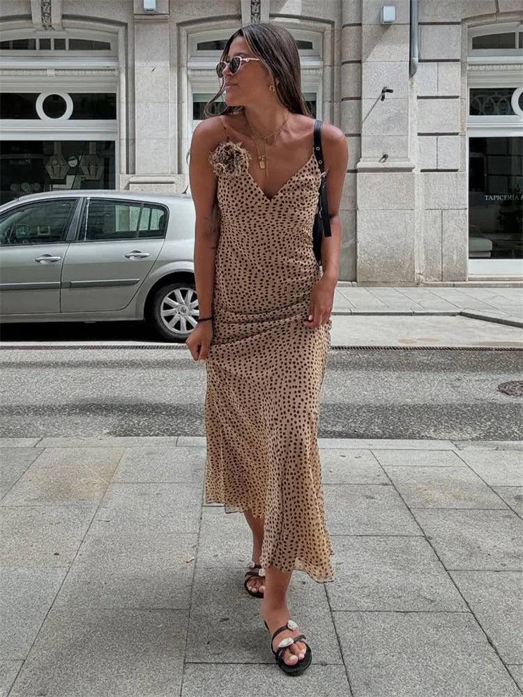 Dotted V-Neck Spaghetti Strap Stretch Maxi Dress