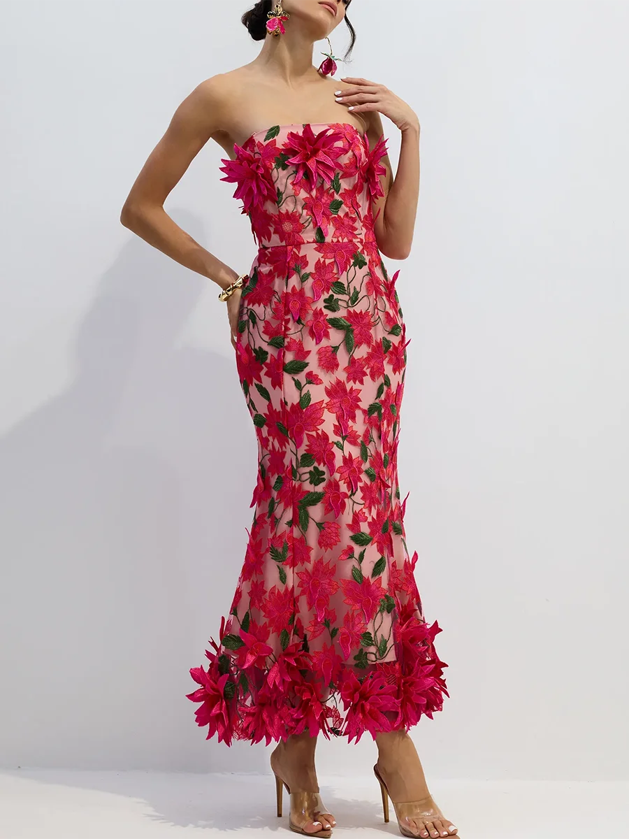 Pink Floral Embroidery Strapless Long Dress