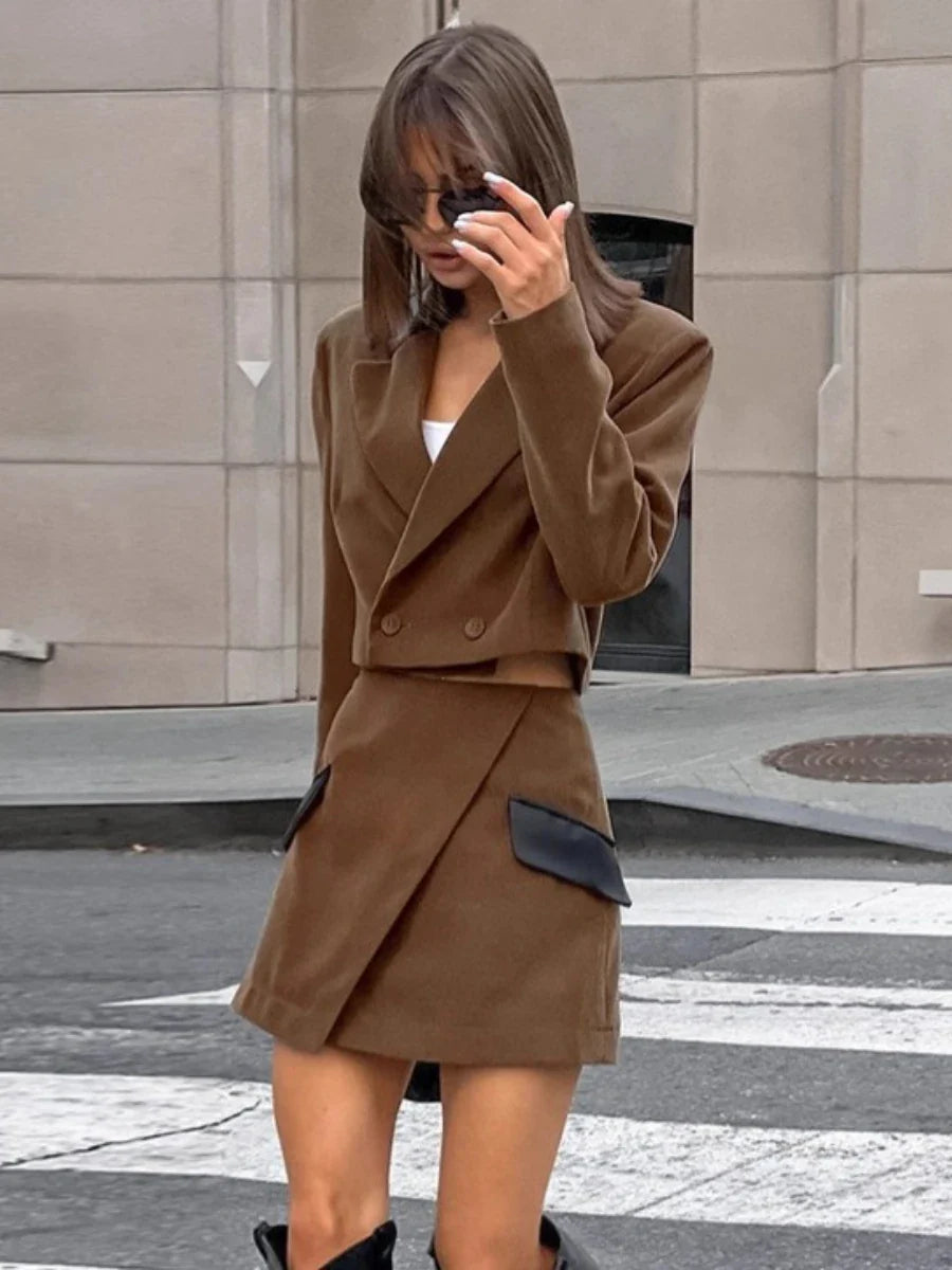 Brown Asymmetrical Blazer Set | Black Accent Mini Edit