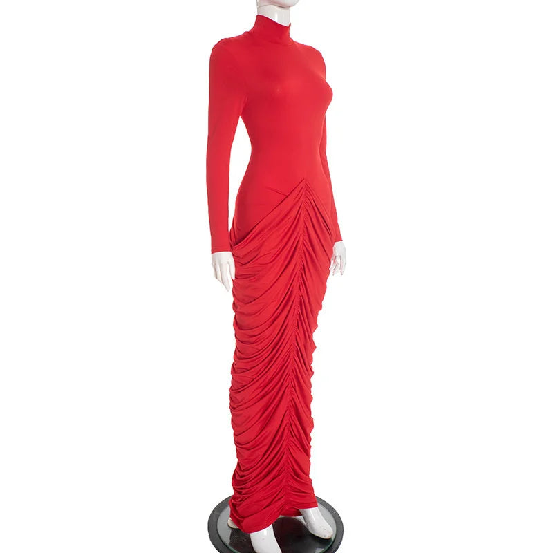 Turtleneck Ruched Long Sleeve Maxi Dress