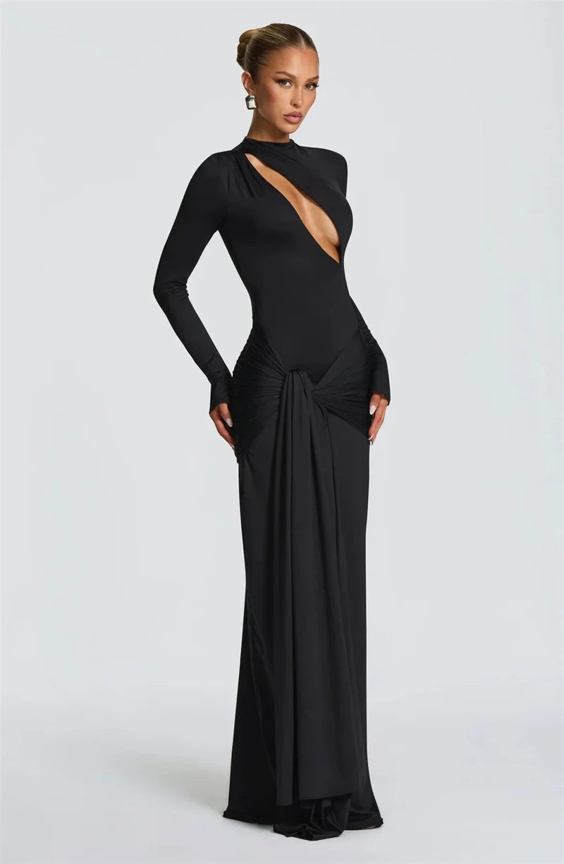 Draped Cut-Out Long Sleeve Evening Maxi Dress