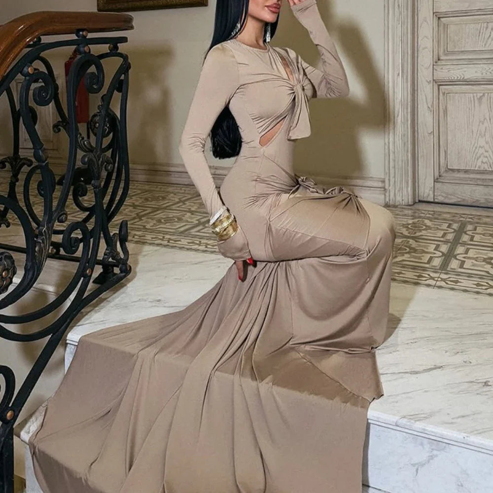 Beige Hollow-Out Evening Gown | Sculpted Maxi for Events