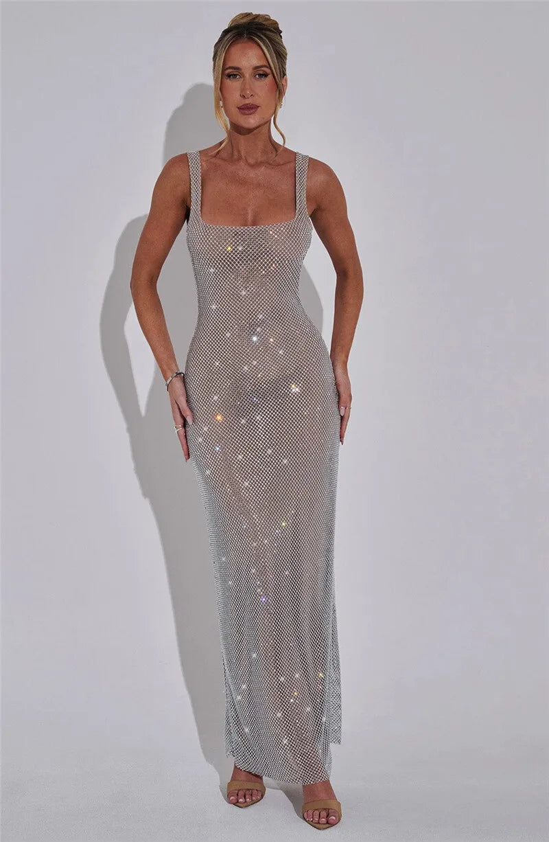 Sparkle Sequin Backless Maxi Dress – Sleeveless Club Gown with Square Neck