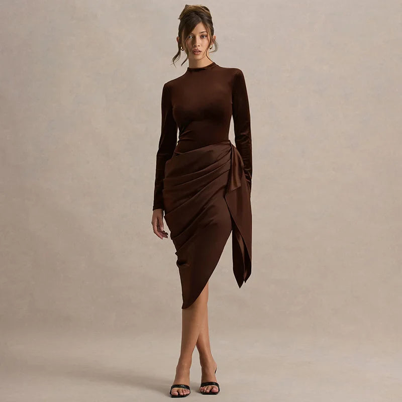 Long Sleeve Ruched Draped Midi Dress